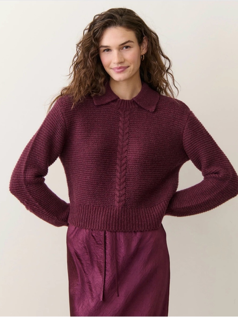 Marine Layer Everly Cable Knit Sweater Polo Fig Burgundy Maroon Size XS